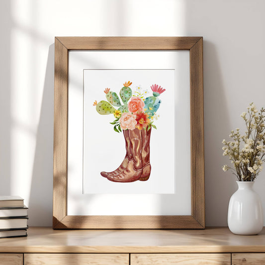 Floral Cowgirl Boot Print, Boho Wall Art, Southwest Wall Art