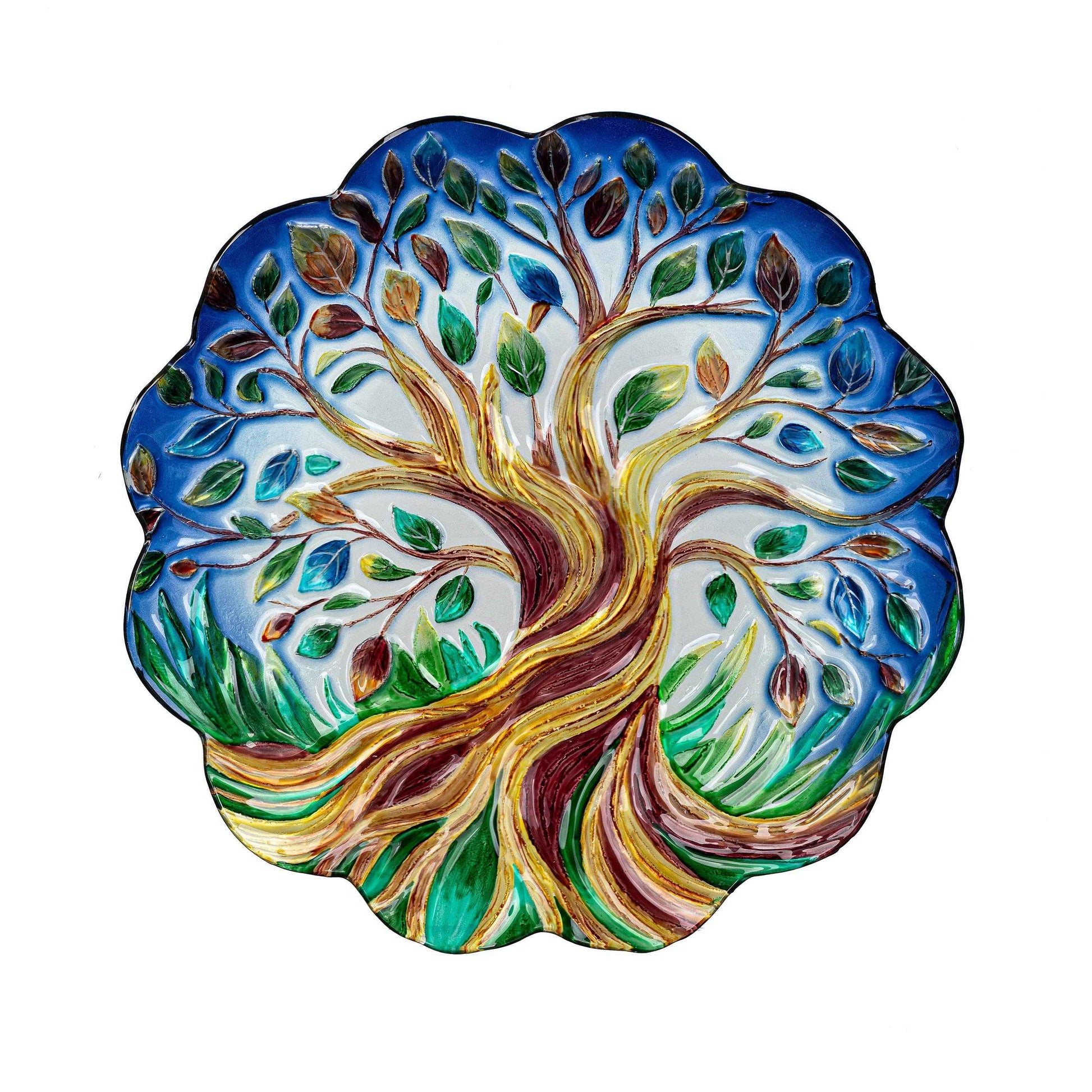 Tree of Life Hand Painted Glass Birdbath, 18"