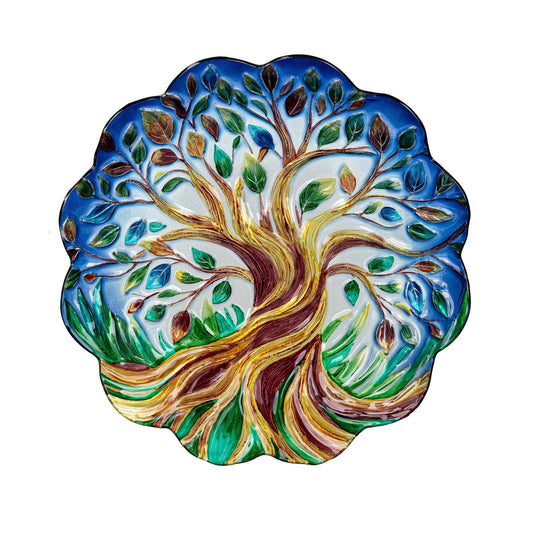Tree of Life Hand Painted Glass Birdbath, 18"