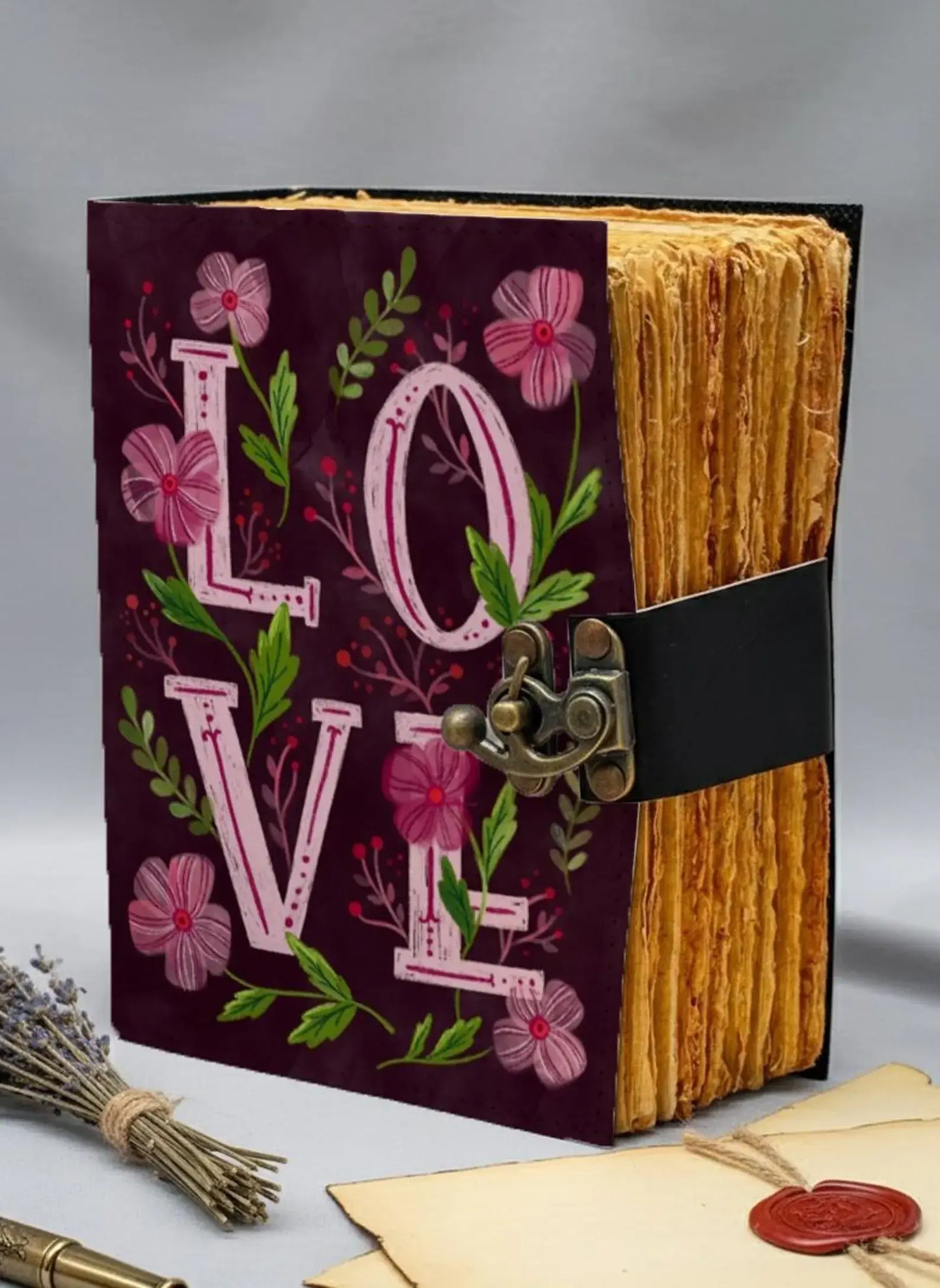 Floral LOVE Leather Journal – Handmade Romantic Notebook