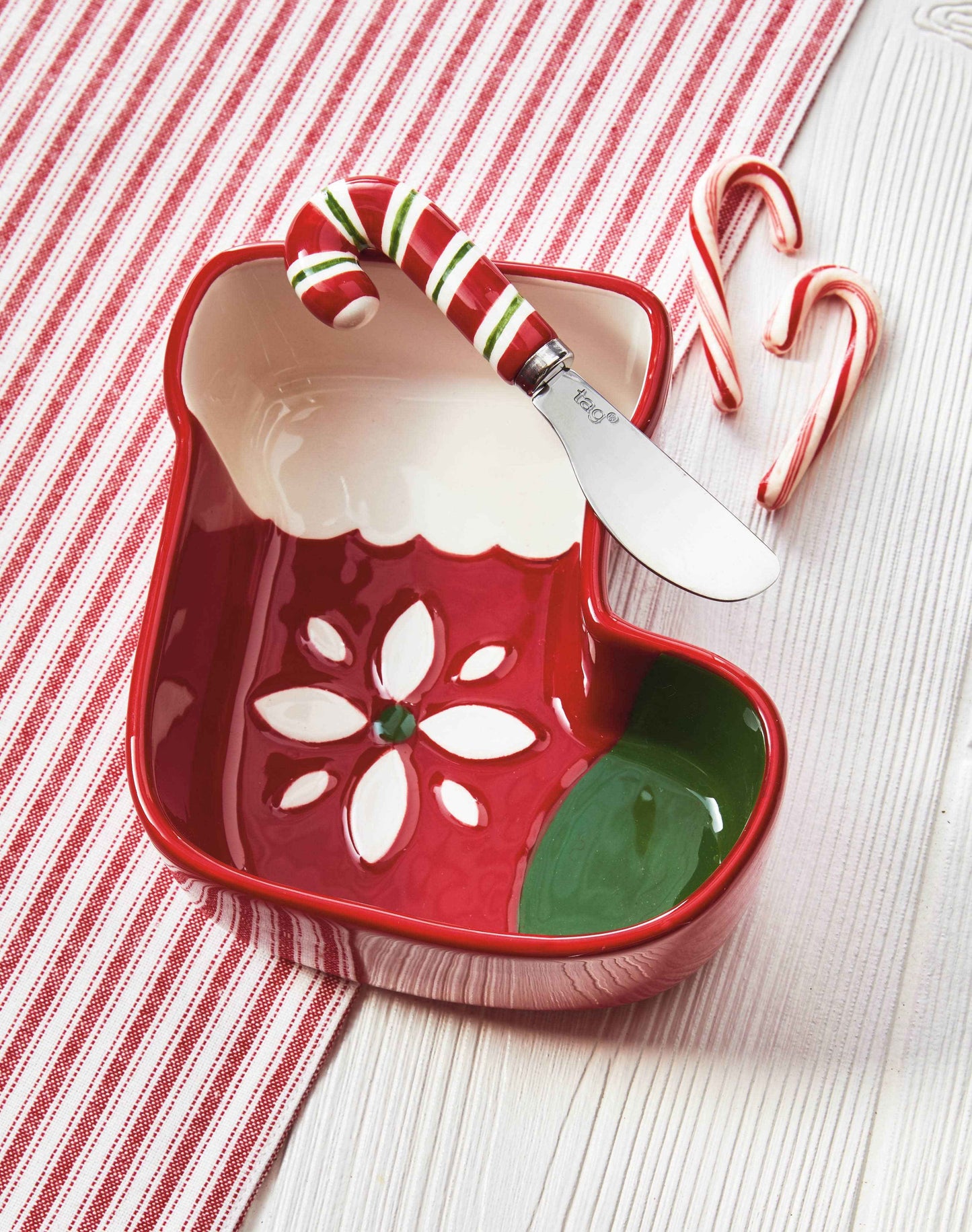Stocking Bowl & Candy Cane Spreader Set of 2 Earthenware: Multi / Earthenware, stainless steel spreader / Bowl: dishwasher safe. may get hot in microwave.spreader: hand wash, do not microwave