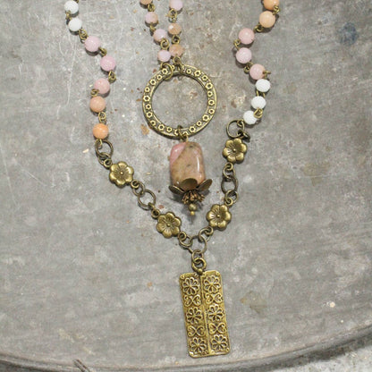 Double Layered Blush Bead & Flower Pendant Necklace