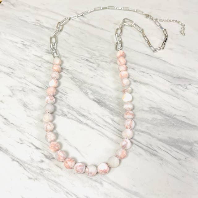 Anita K By Blushing Pink - Layered Rhodonite Necklace with Silver Paper Clip Chain