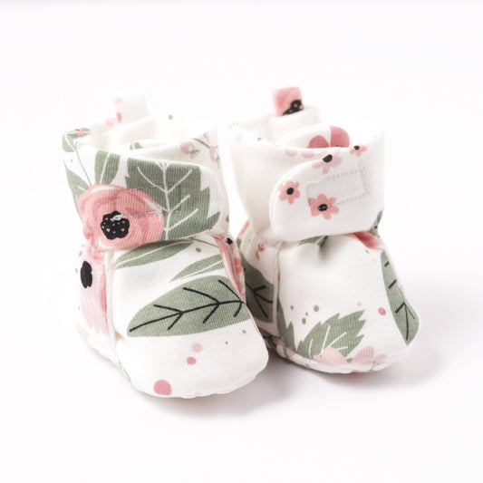 Baby Booties Floral Cotton: Soft Coral/Green / 3-6M