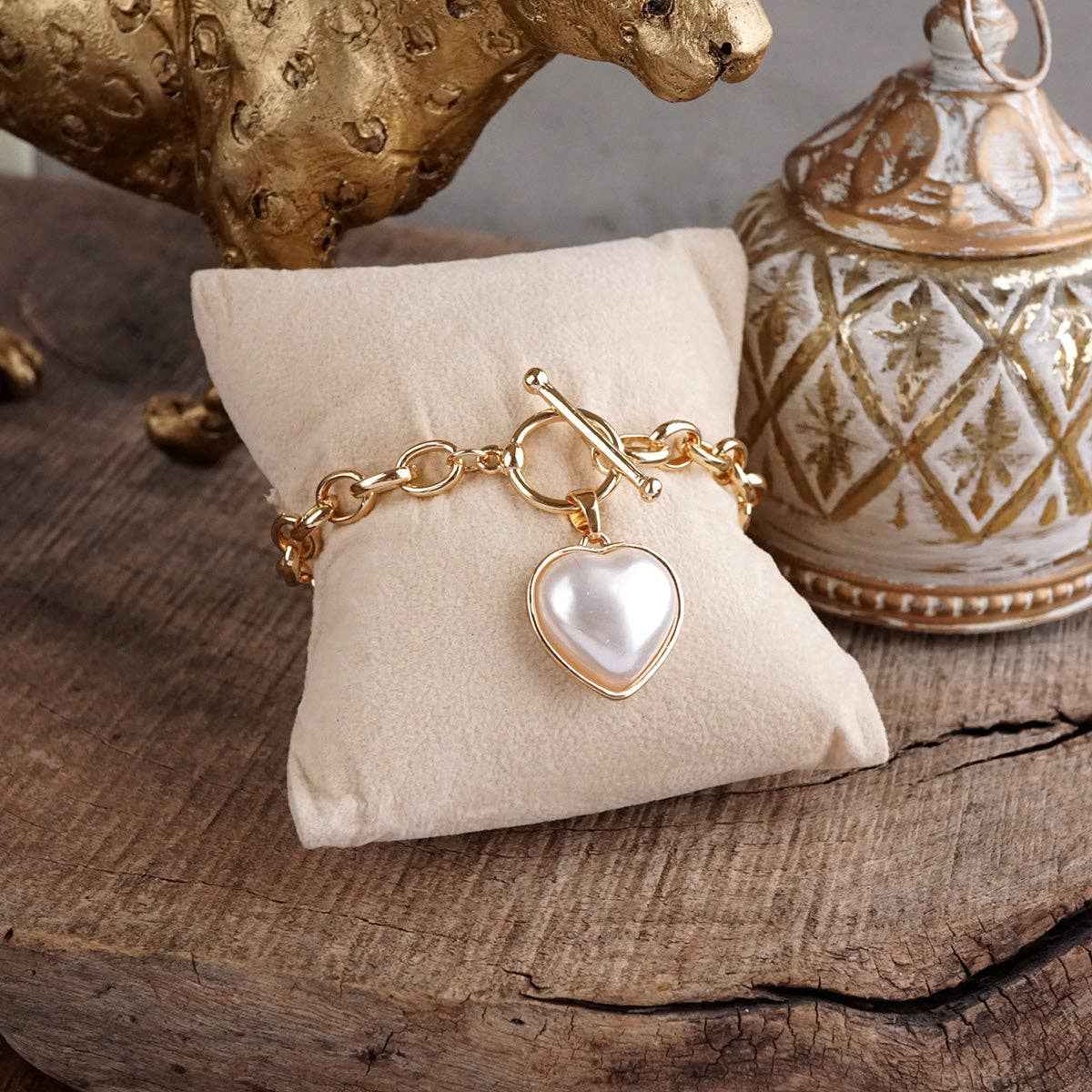 Soft Devotion – Pearlized Puffy Heart Toggle Chain Bracelet in Gold