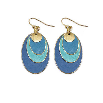 Brass Patina Earrings - Oval Blue Layers