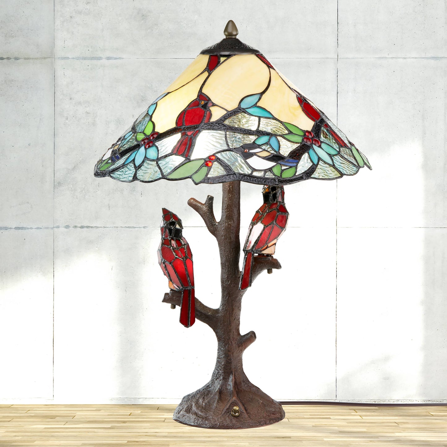 23.75"H Triple-Lit Stained Glass Cardinal Table Lamp