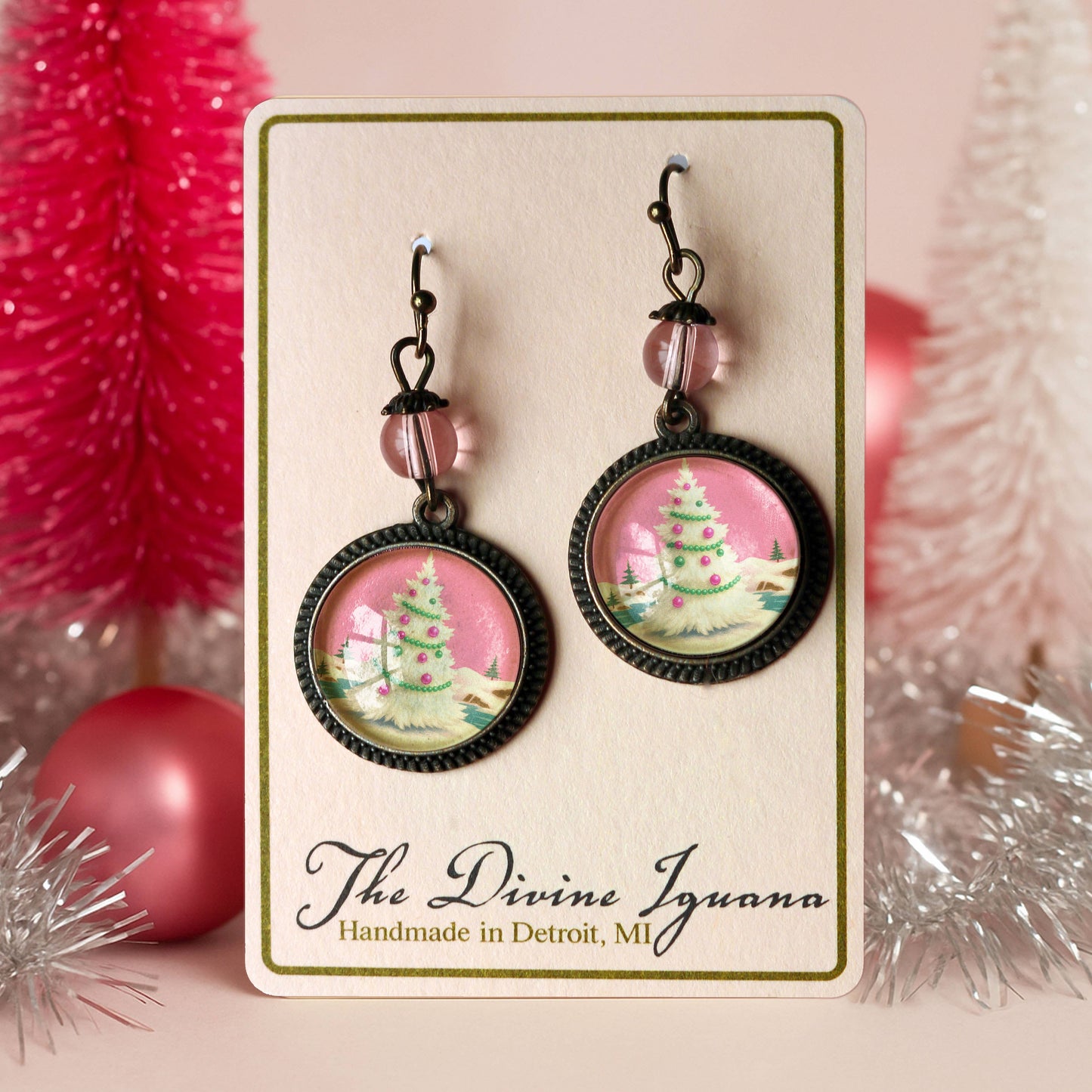 Pink Christmas Tree Earrings