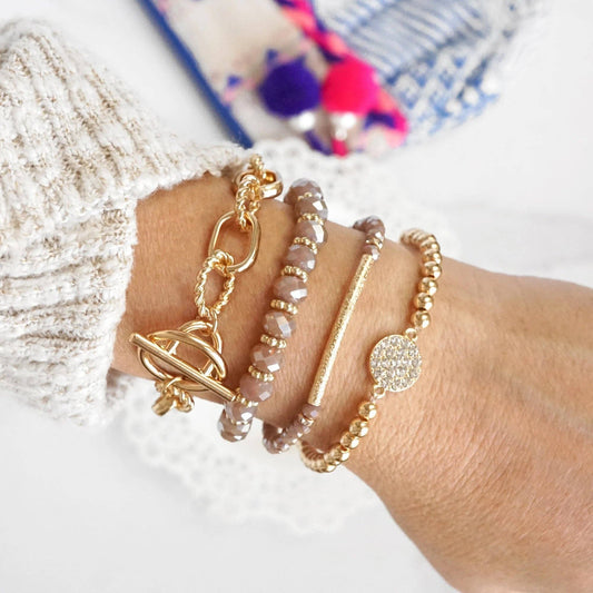 PennyLine inc - Beaded Bracelets set of 4 Blush Pink Glass Beads with Gold crystal paved sparkly bracelet Metal bead Toggle