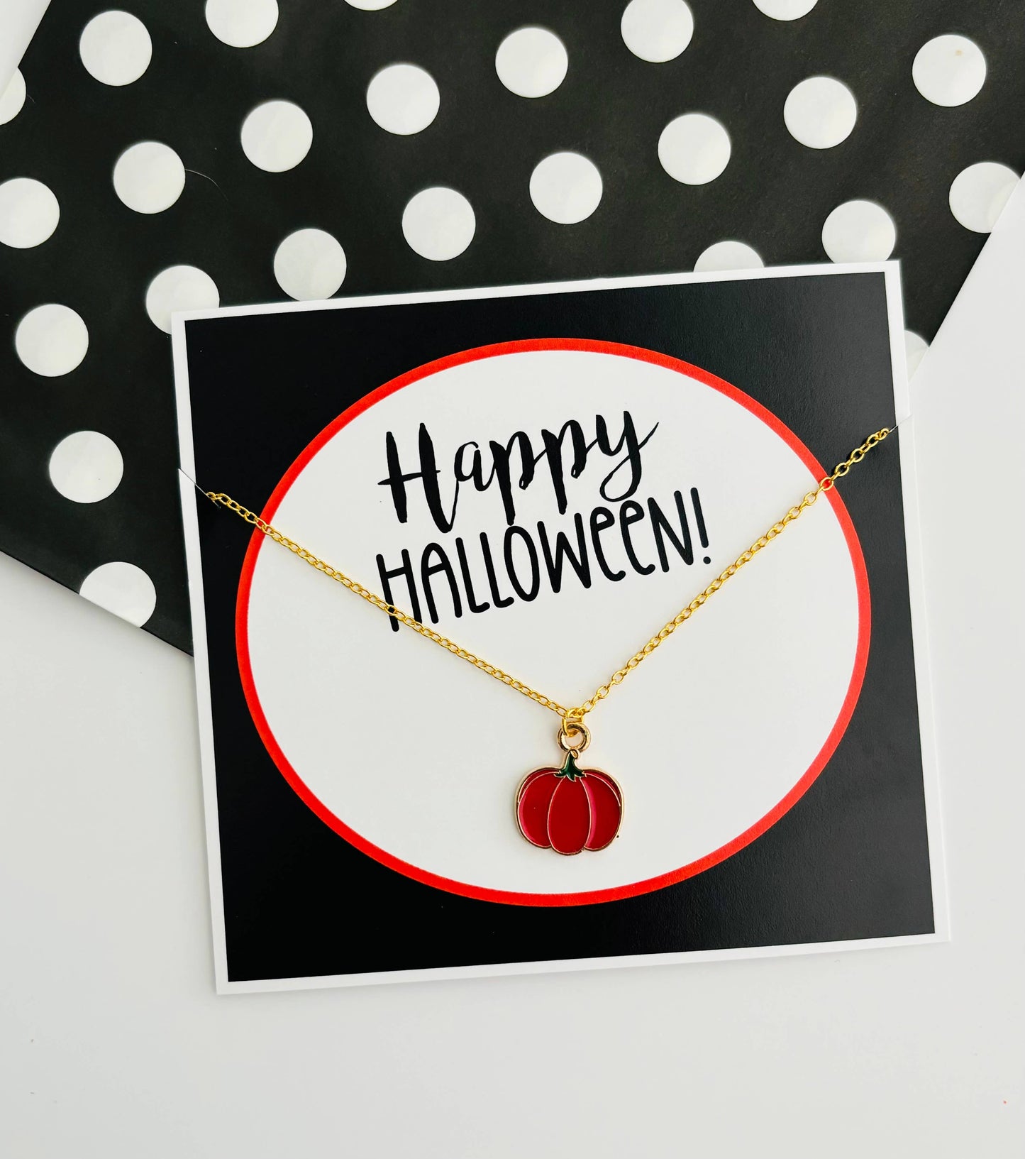 Happy Halloween Pumpkin Necklace On Stationary Card