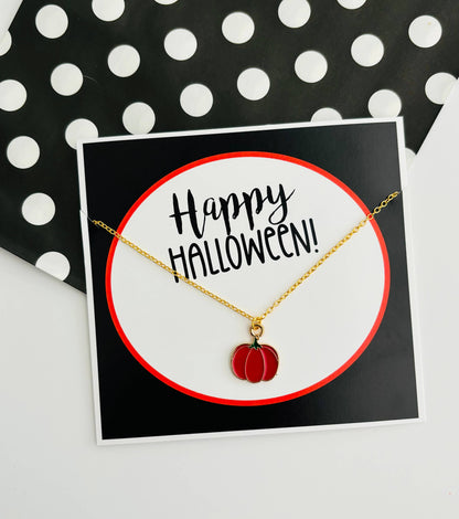 Happy Halloween Pumpkin Necklace On Stationary Card
