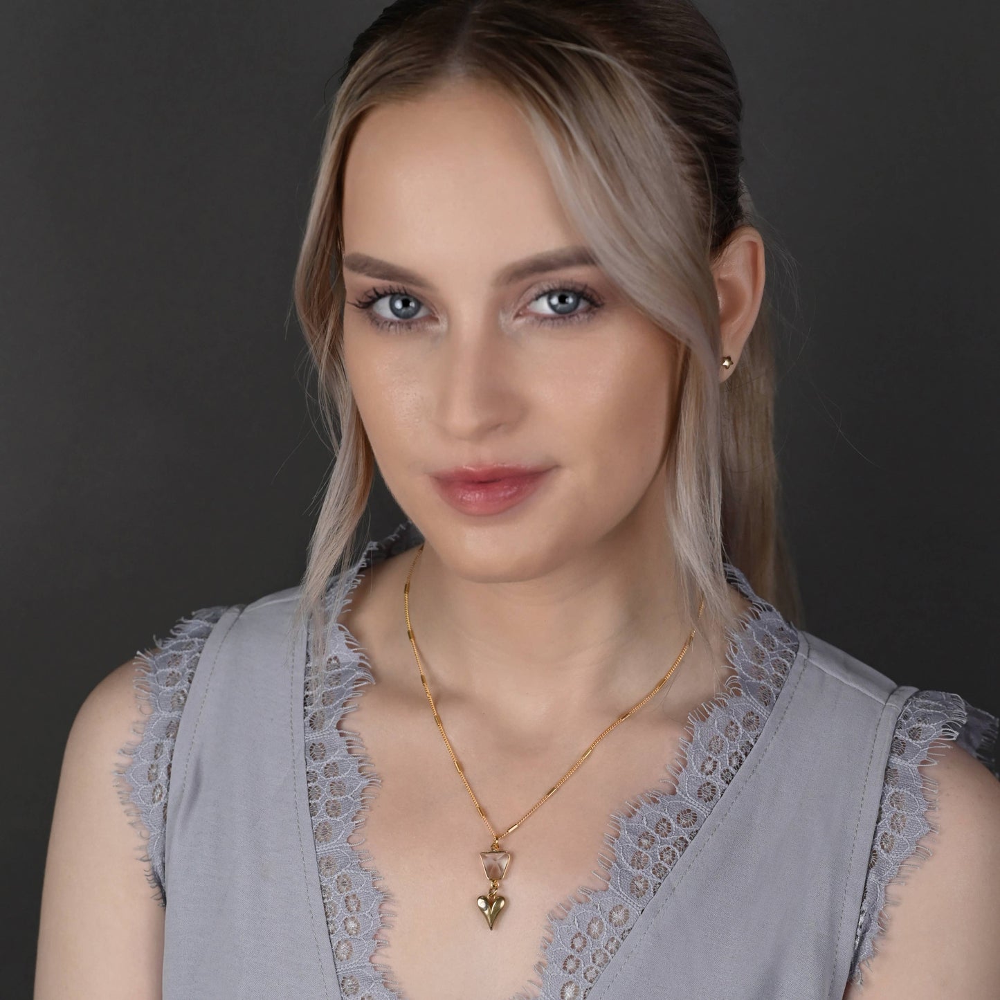 Brass Sculptured Heart w/ Crystal Quartz Necklace