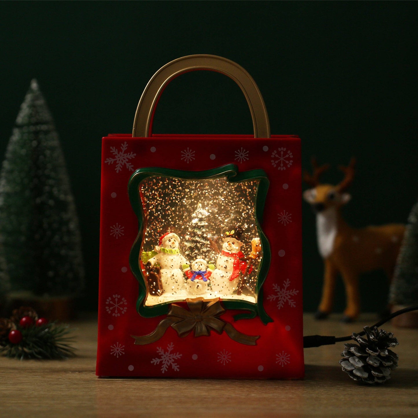 Christmas Musical Red Gift Bag Snow Globe Lantern with Snowman Family Scene for Christmas Decoration