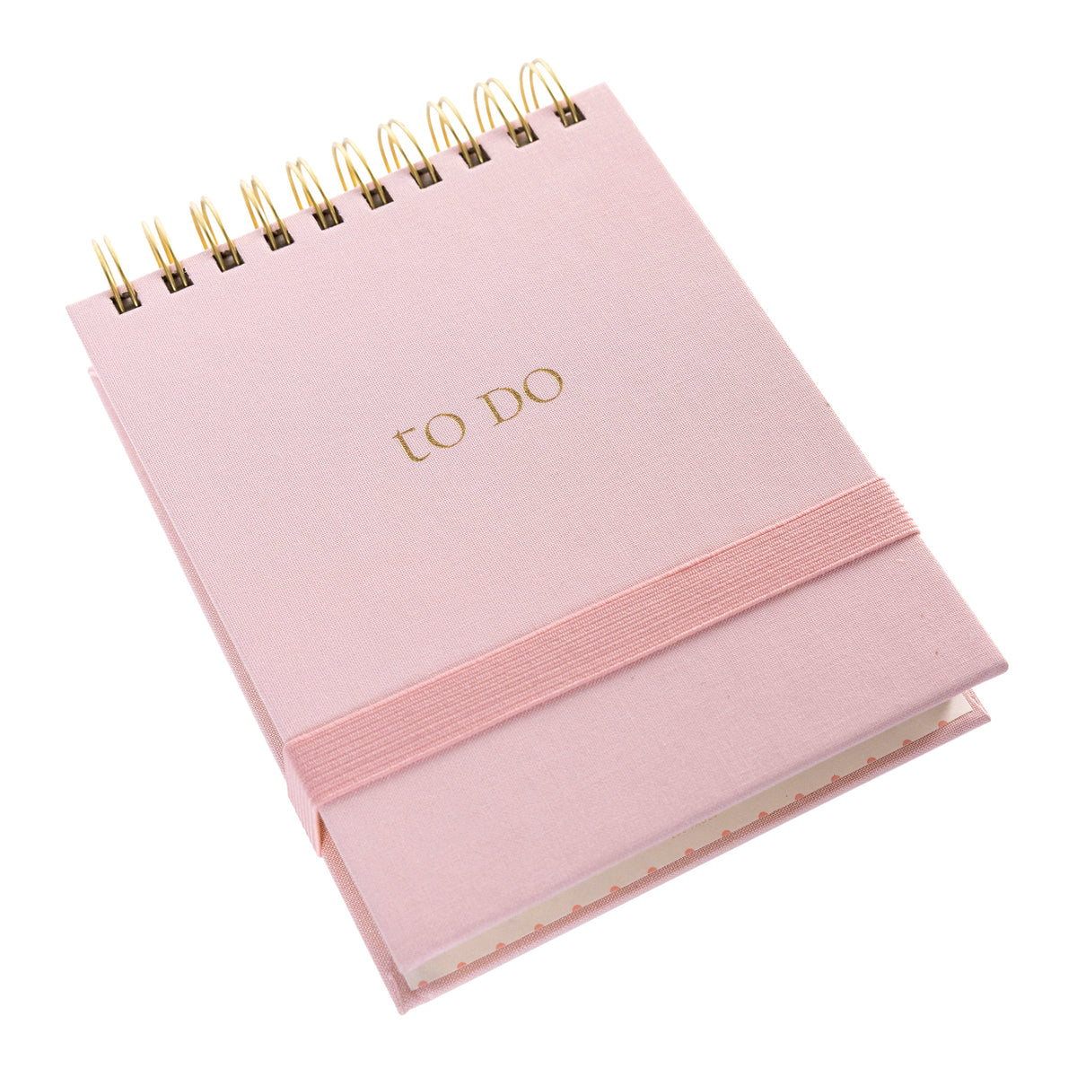 Blush Fabric-Bound Notepad, A blush pink fabric notepad with a gold foil to Do cover and a twin wire spiral binding.