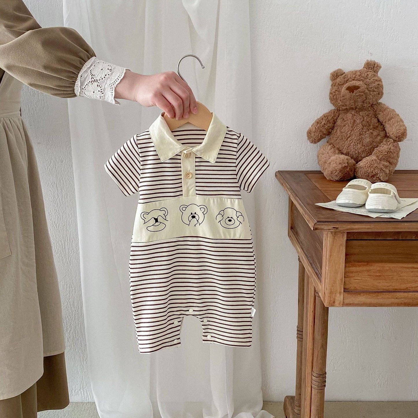 Short Sleeves Striped Teddy Romper