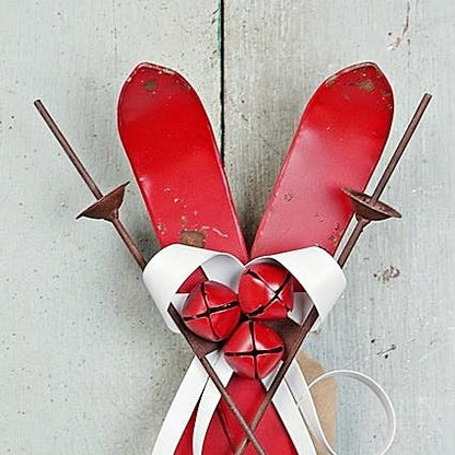 13inL Distressed Red Metal Ski Ornament