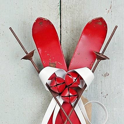 13inL Distressed Red Metal Ski Ornament