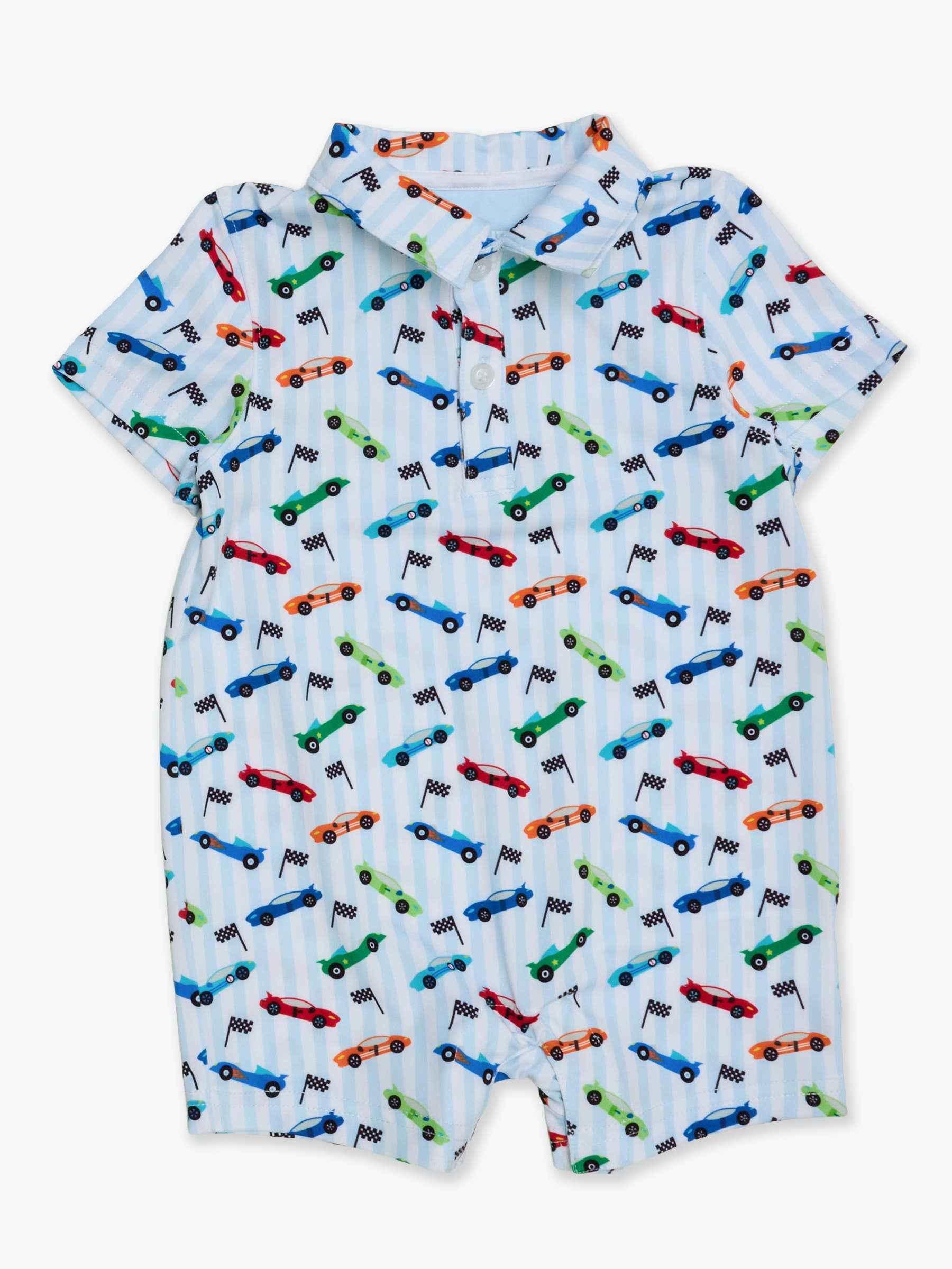 Baby Boys Let's Roll Racecar Performance Polo Romper: Blue / 0-3m