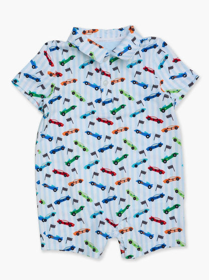 Baby Boys Let's Roll Racecar Performance Polo Romper: Blue / 0-3m