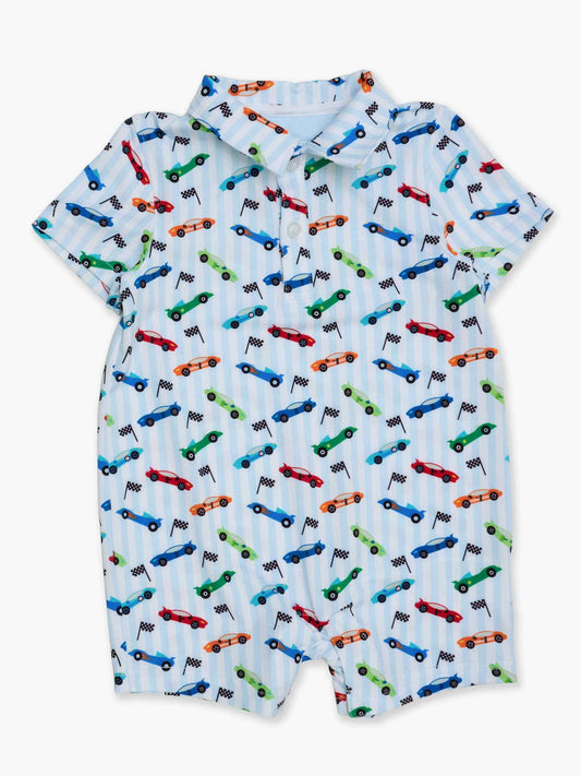 Baby Boys Let's Roll Racecar Performance Polo Romper: Blue / 0-3m