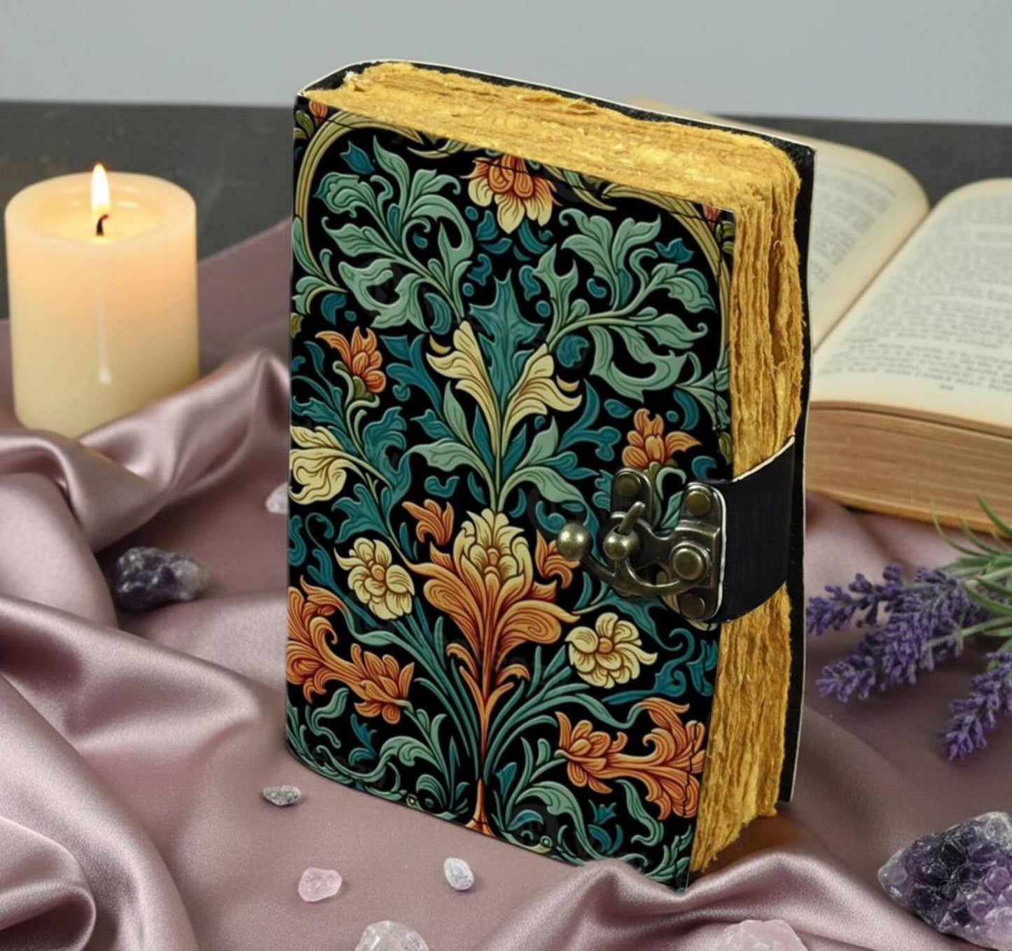 Floral Leather Journal with Lock, Vintage Botanical Diary