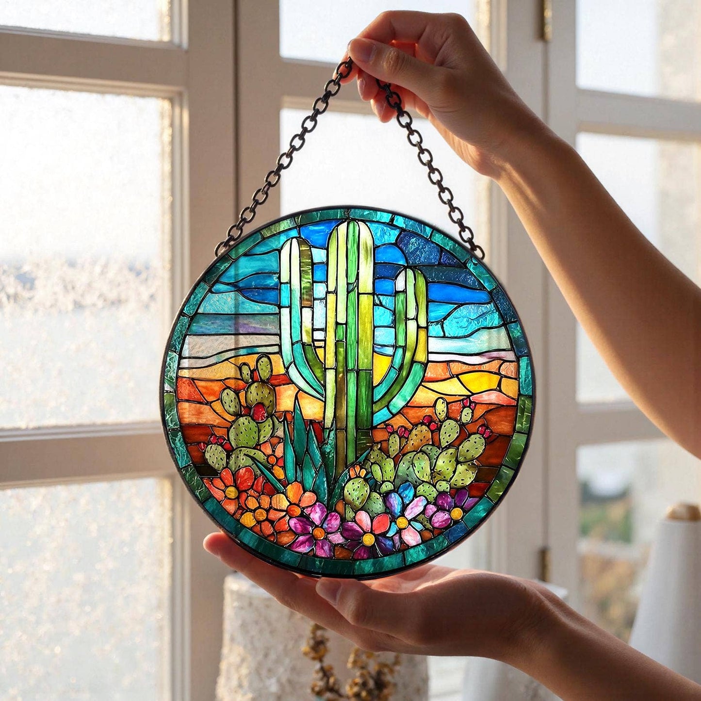 Cactus Stained Glass Suncatcher, Ideal Gift for Valentine