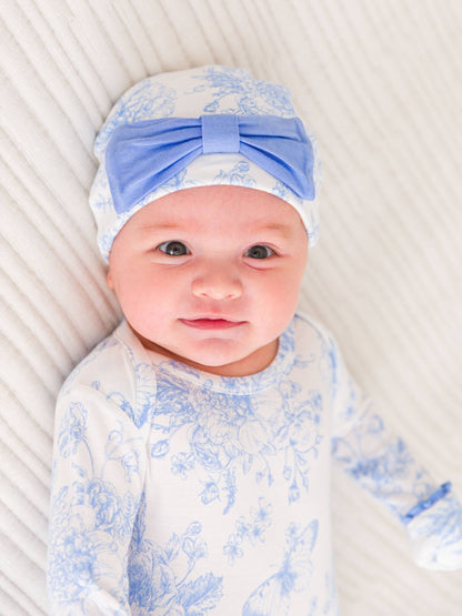 Baby GirBamboo Periwinkle Butterfly Garden Ruffle Knotted Sleep Gown & Bow Hat Set: Newborn-3m
