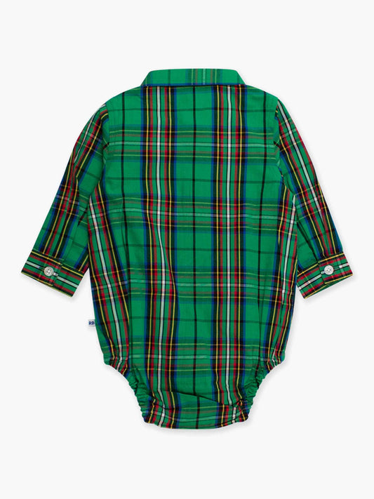 Baby Boys Green Nicholas Plaid Long Sleeve Button Down Bodysuit: Green / 0-3m