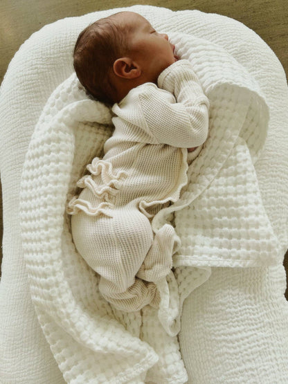 Organic Waffle 2-Way Zip Ruffle Footie, Snow: Newborn