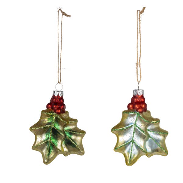 3.5" Glass Holly Leaf and Berry Ornament, 2 Asst