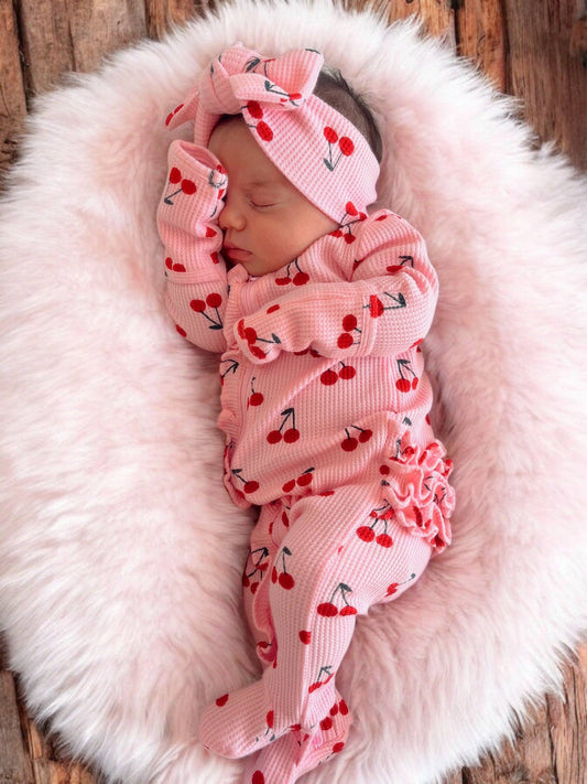 Organic Waffle 2-Way Zip Ruffle Footie, Pink Cherries