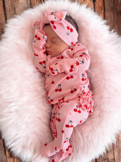 Organic Waffle 2-Way Zip Ruffle Footie, Pink Cherries: 6 - 9 mo.