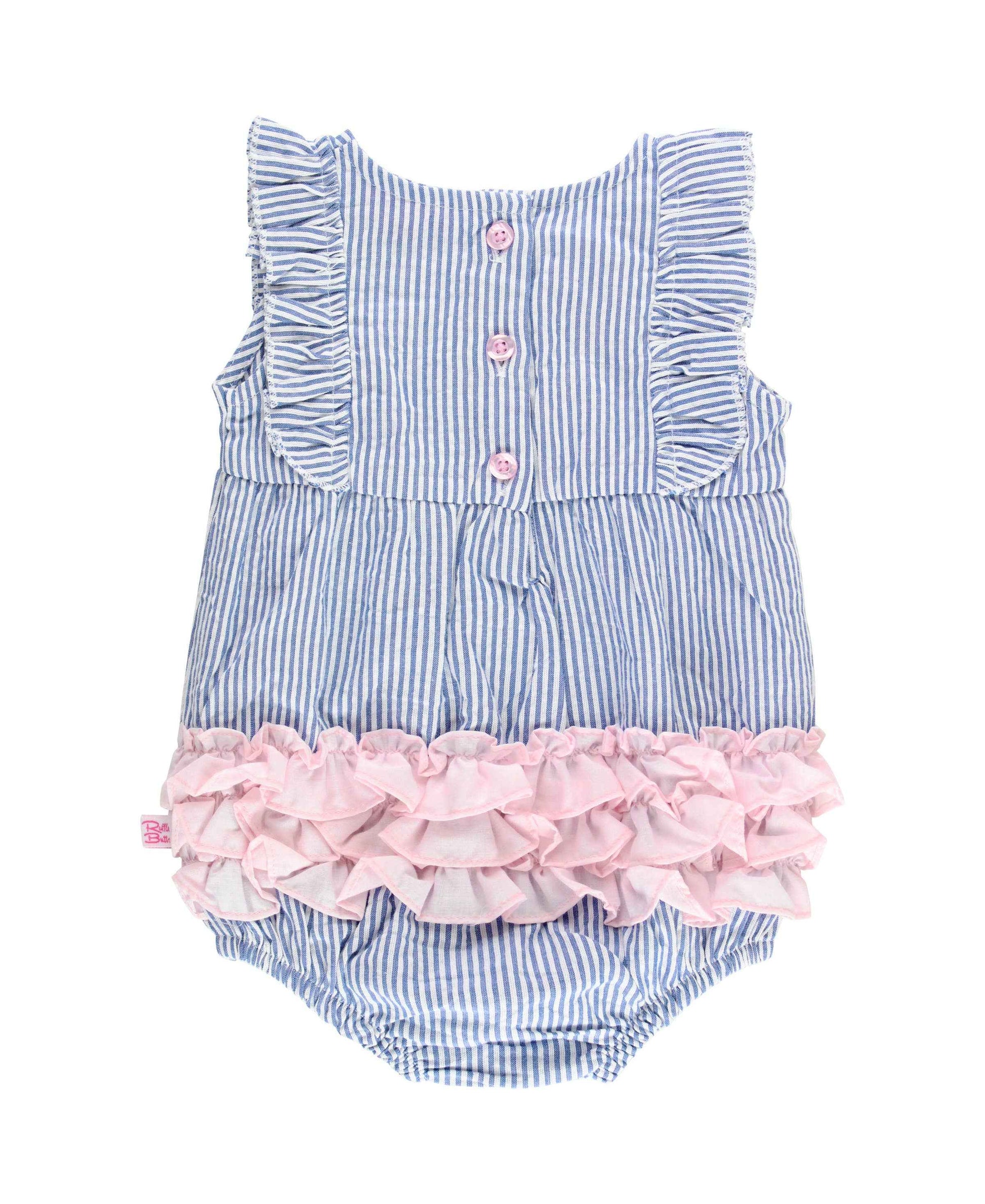 Baby Girls Blue Seersucker Classic Ruffle Bubble Romper: Blue / 0-3m