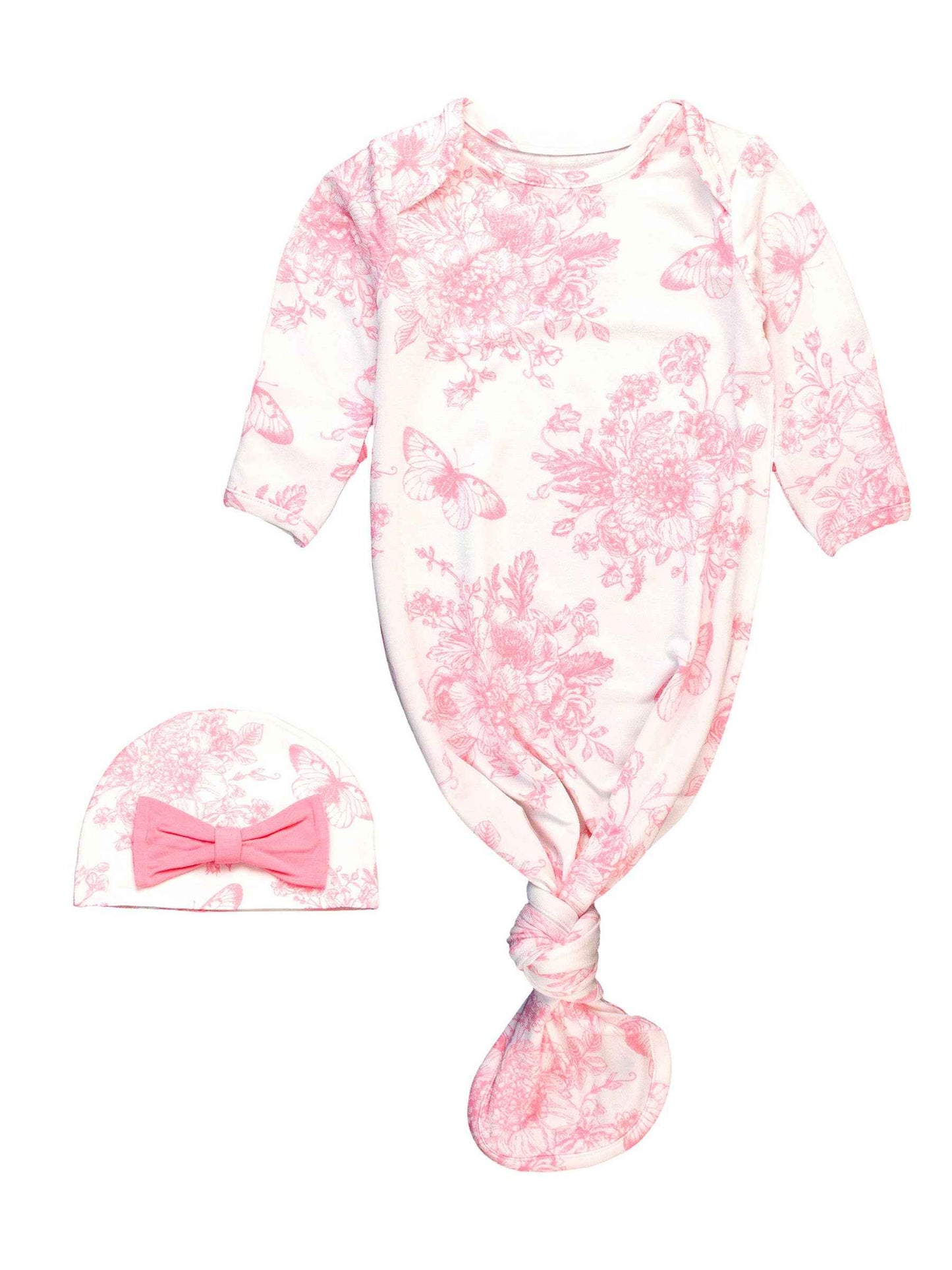 SoftSnooze™ Baby Girls Bamboo Viscose Pink Butterfly Garden Toile Ruffle Knotted Sleep Gown & Bow Hat Set: White / Newborn-3m