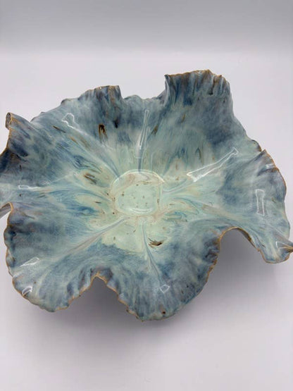 Sculptural Ceramic Ruffled Centerpiece – Oceanic Blue