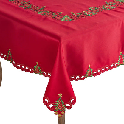 Red Embroidered Christmas Tree 67" Square Tablecloth