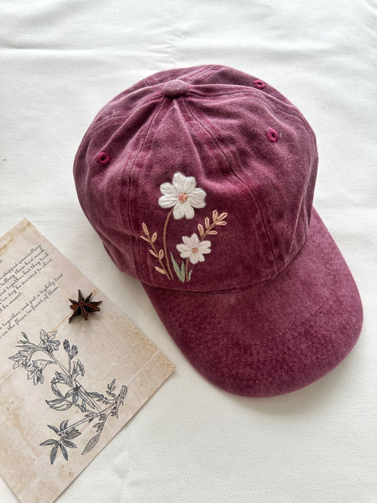 White Flower Embroidered Baseball Cap
