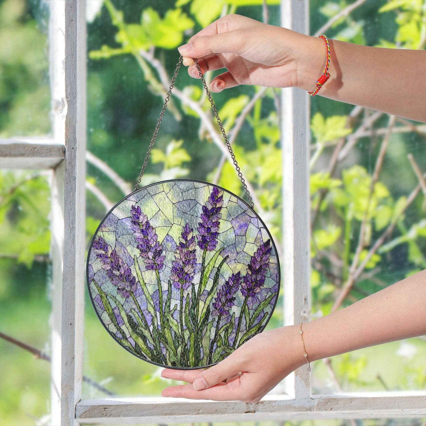 Lavender Flower Stained Glass Window Round Suncatcher