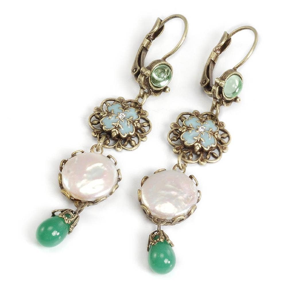 Green, Pearl and Filigree Earrings
