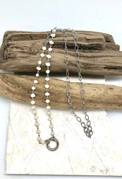 Necklace Freshwater Pearl on Antique Silver w/Silver Ring34