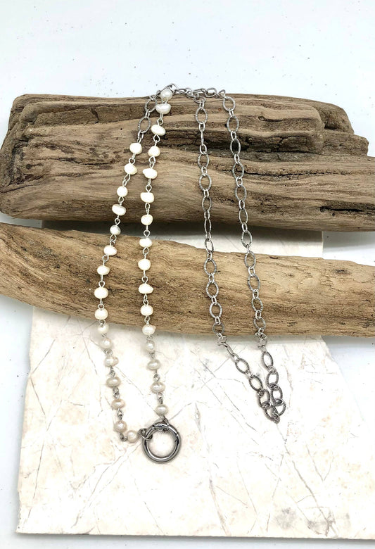 Necklace Freshwater Pearl on Antique Silver w/Silver Ring34