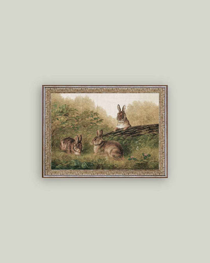 Rabbits on a Log Framed Antique Art