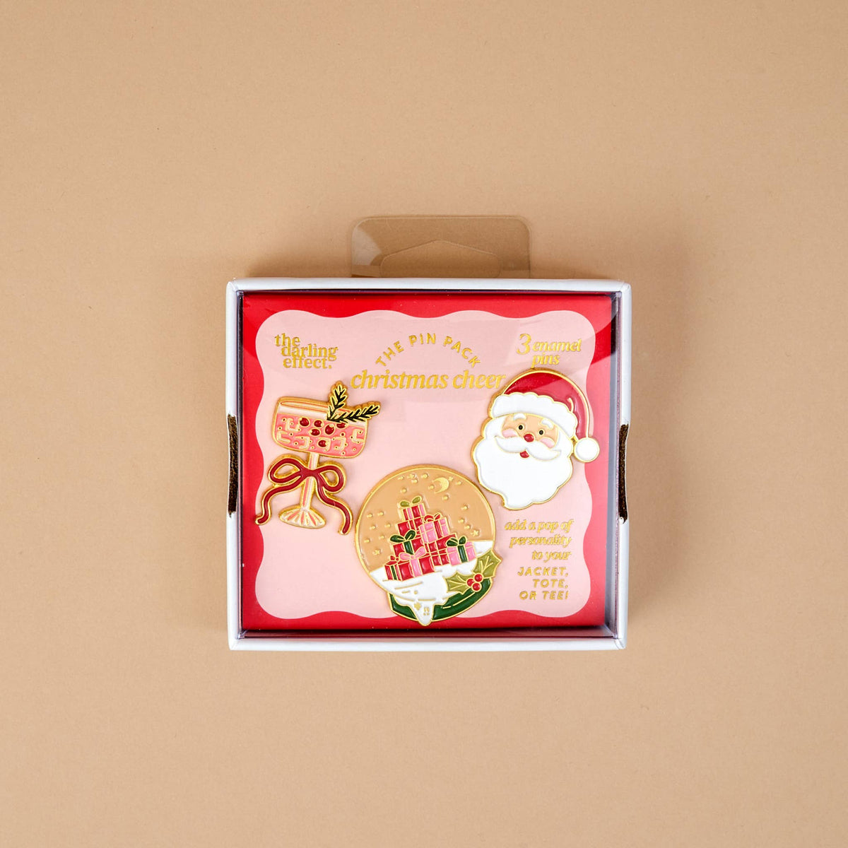 Enamel Pin Pack, A boxed set of three gold enamel pins in the Latte Love design, a coffee cup, a teddy bear, and a pink bow.