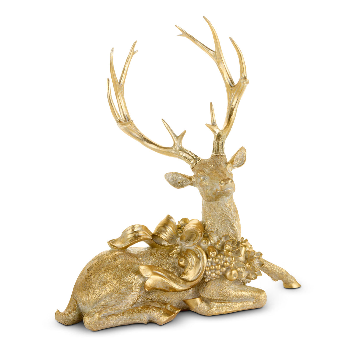 Enchanted Laying Deer, A gold champagne resin deer figurine in a laying pose, wearing a floral and fruit wreath tied with a bow.