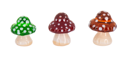 Enchanted Mushroom Pocket Charm, Three glossy polka-dot mushroom figurines with green, burgundy and amber caps on cream stems.