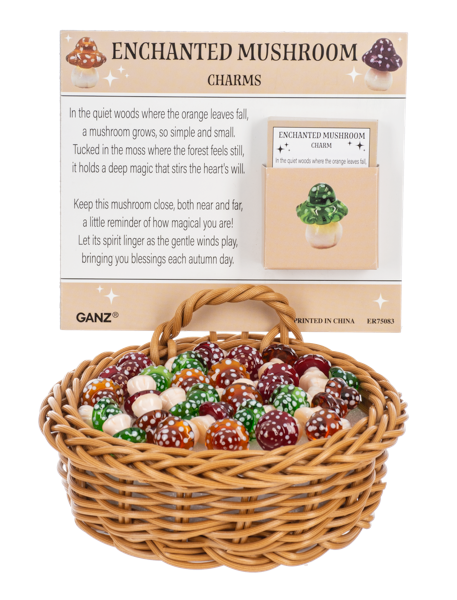 Enchanted Mushroom Pocket Charm, Three glossy polka-dot mushroom figurines with green, burgundy and amber caps on cream stems.