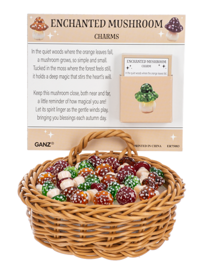Enchanted Mushroom Pocket Charm, Three glossy polka-dot mushroom figurines with green, burgundy and amber caps on cream stems.