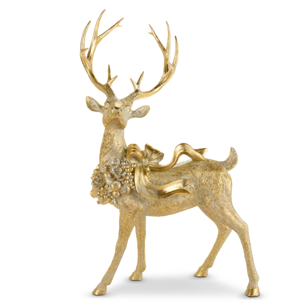 Enchanted Standing Deer, A tall gold champagne resin deer figurine standing with full antlers, wearing a floral and fruit wreath tied with a bow.