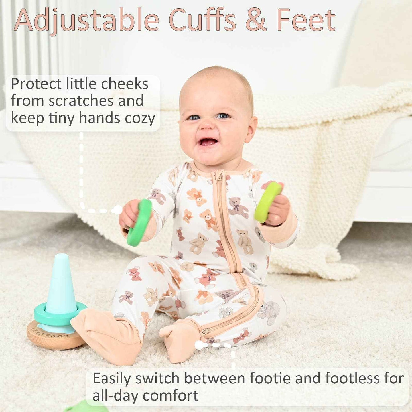 LollyBanks - Bamboo Baby Convertible Zipper Pajamas - Teddy Bear