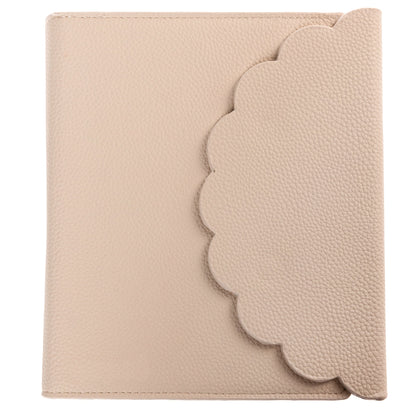 Taupe Vegan Leather Wrap Journal, A taupe vegan leather wrap journal with a scalloped flap and pebbled texture, shown open with its removable spiral insert and pen loop.
